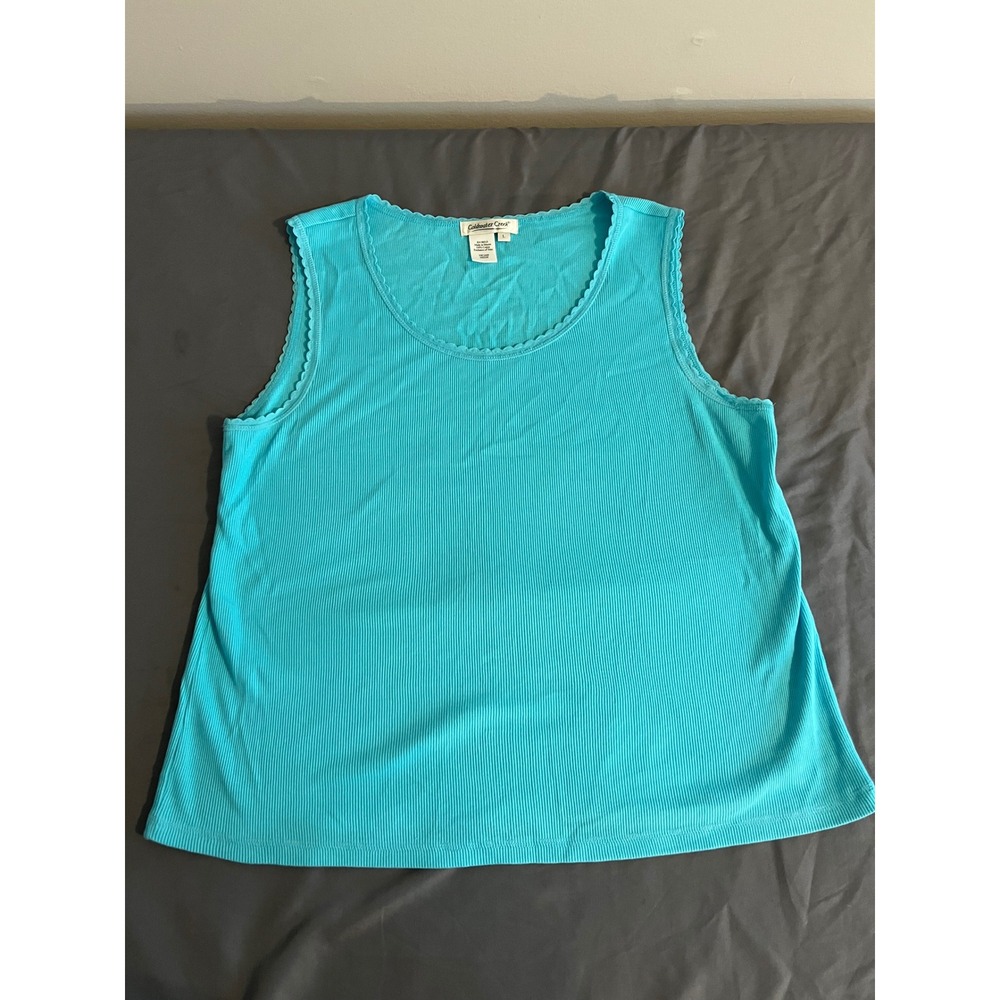 Coldwater Creek Womens Turquoise Blue Ribbed Scalloped Trim TankTop Large Cotton